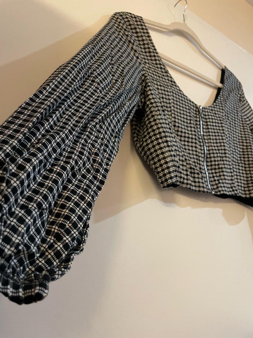 Volcom Black and White Plaid Puff-Sleeve Crop Top